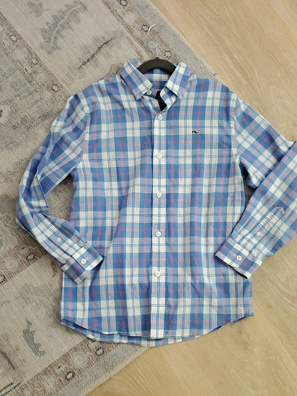 Vineyard Vines Boys Pink Blue Plaid Button-up Whale Shirt 100% Cotton SzS (8-10)